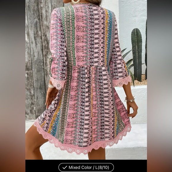 3/4 sleeve striped V-neck trapeze dress with lace trim - Picture 2 of 4